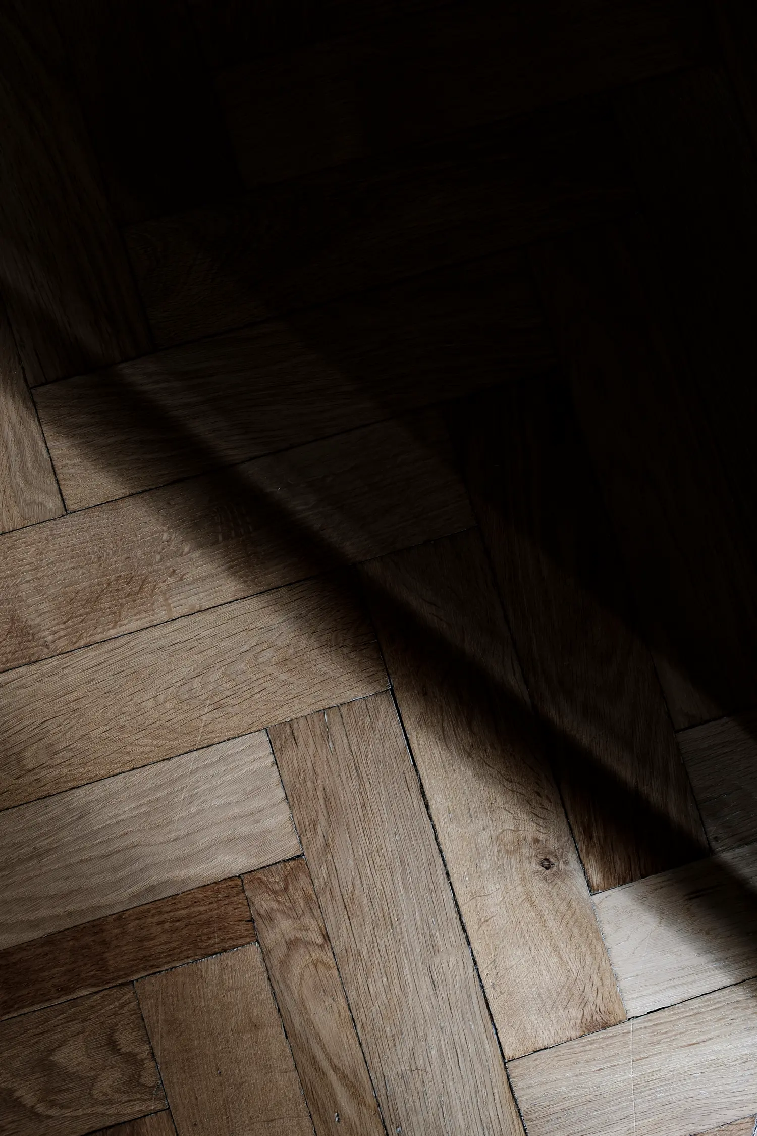 Light oak herringbone parquet flooring lit by a single shaft of window light